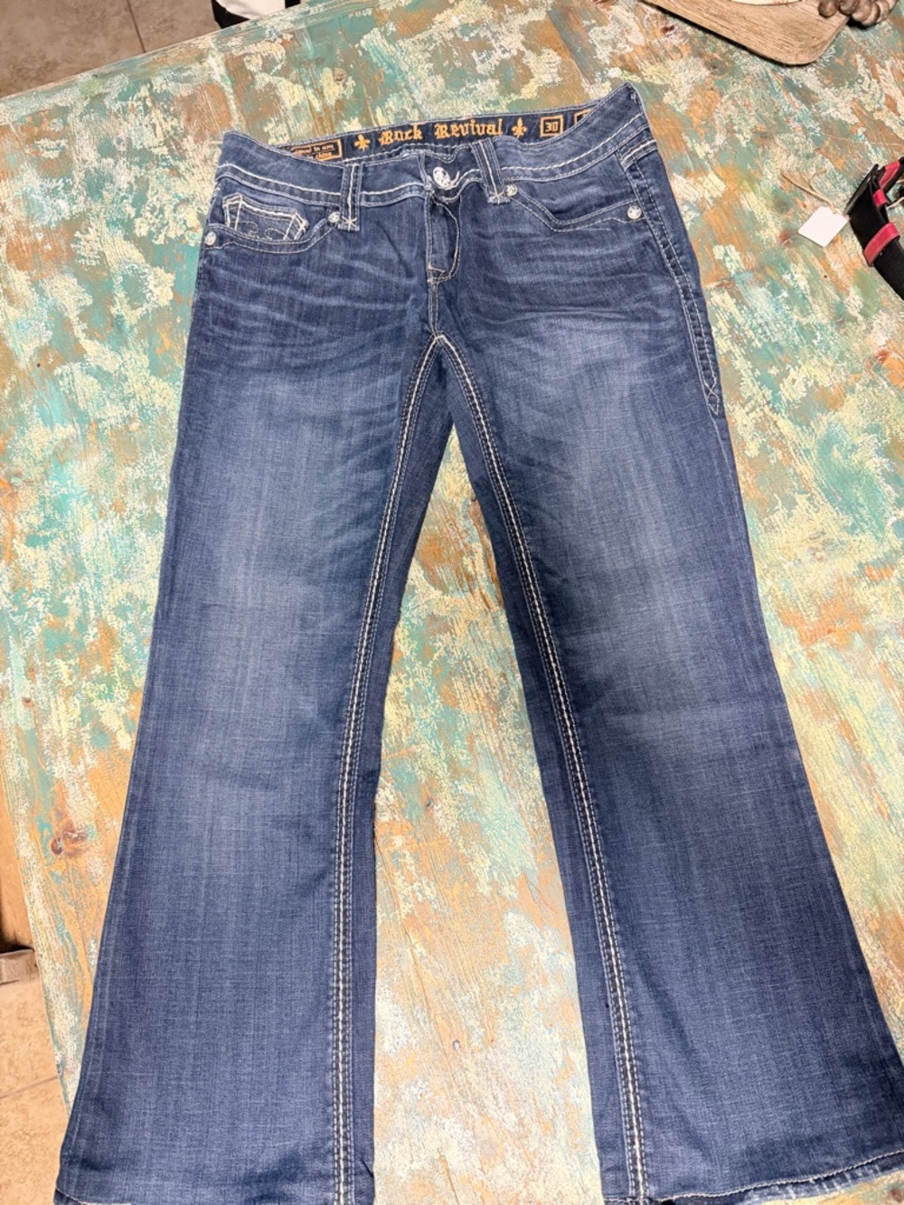 Rock Revival Women's Blue Flare Jeans with Contrast Stitching